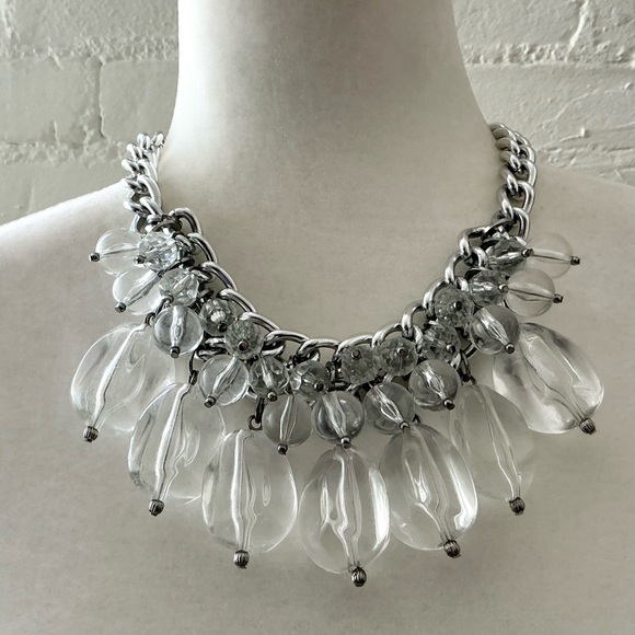 Womens Chunky Statement Necklace Clear Lucite Dangle Silver Tone Necklace 90s - Picture 1 of 8